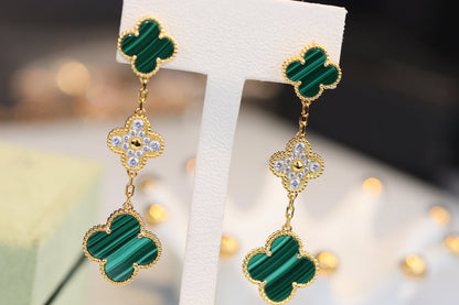 [Luna Brilliance]CLOVER EARRINGS GOLD MALACHITE DIAMOND 3 MOTIF