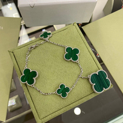 [Luna Brilliance]CLOVER 5 MOTIFS SIVLER MALACHITE BRACELET