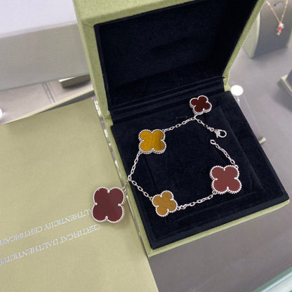 [Luna Brilliance]CLOVER 5 MOTIFS SIVLER CARNELIAN TIGER EYE BRACELET