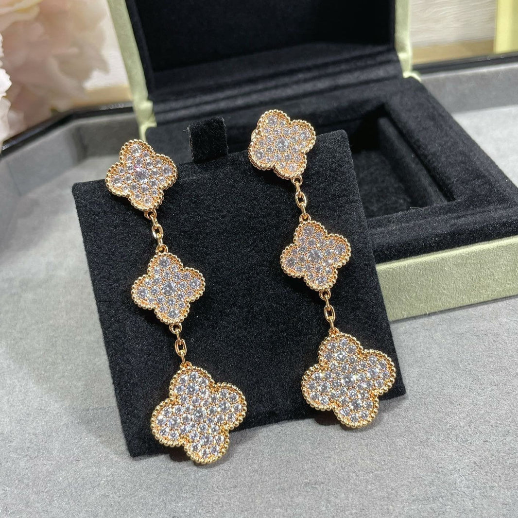 [Luna Brilliance]CLOVER 3 MOTIFS DIAMOND PAVED ROSE GOLD EARRINGS