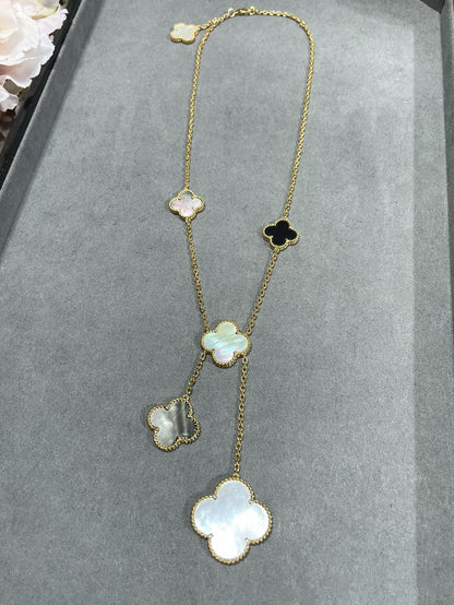 [Luna Brilliance]CLOVER 6 MOTIF MOP ONYX GOLD NECKLACE
