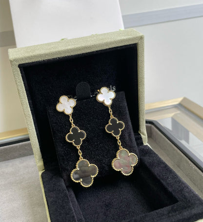 [Luna Brilliance]CLOVER 3 MOTIF MOP ONYX DARK MOP PINK GOLD EARRINGS