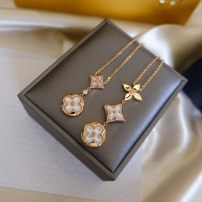 [Luna Brilliance]COLOR BLOSSOM LARIAT NECKLACE PINK GOLD WHITE MOTHER PEARL AND DIAMOND