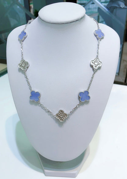 [Luna Brilliance]CLOVER 10 MOTIFS CHALCEDONY DIAMONDS SILVER NECKLACE